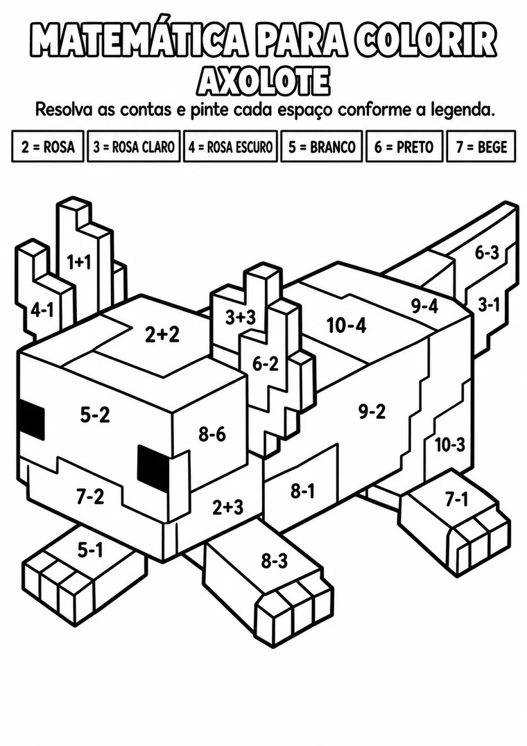 Atividade de matemática para colorir com um axolote