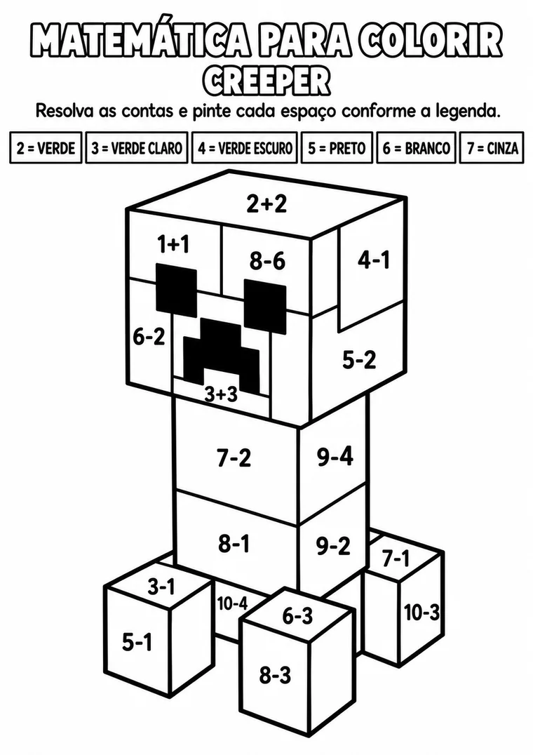 Atividade de matemática para colorir com um creeper